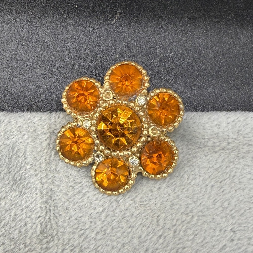 Vintage Estate Brooch Gold Orange Rhinestone Flower Floral Pin